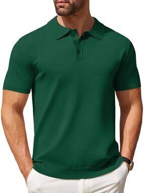 Men Dark Green Knit Polo Shirts Casual Short Sleeve Button Down Golf Tee Classic